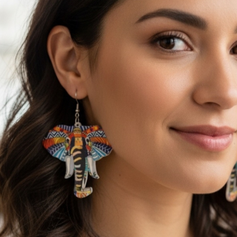 Elephant earrings, wooden elephant earrings, dangle earrings. 2.5 Inches - Picture 6 of 10